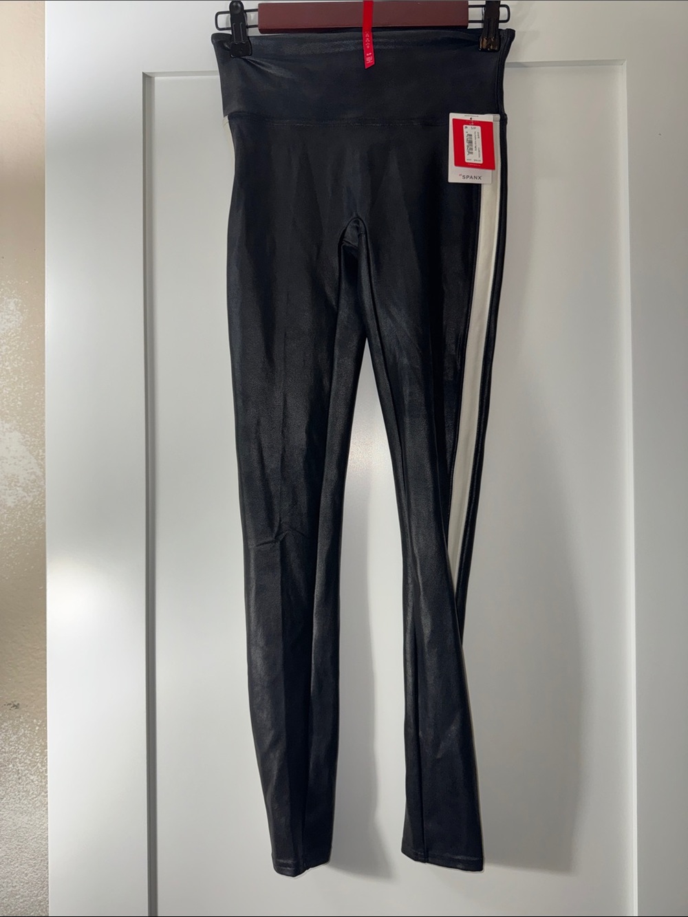 SPANX Black Faux Leather Leggings with White Side Panel Sz Small new with tags!